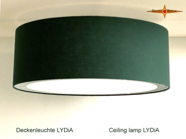 Grüne Deckenlampe LYDiA Ø45 cm mit Lichtrand Diffusor aus dunkelgrünem Leinen