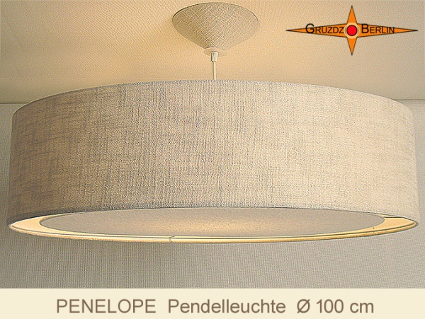 Große Pendellampe PENELOPE D100cm  mit Lichtrand Diffusor aus Naturleinen